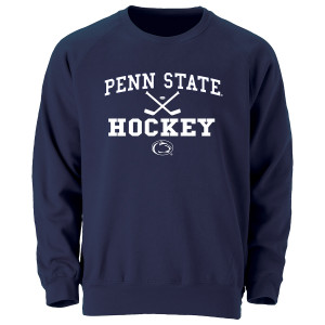 long sleeve navy crew sweatshirt with white Penn State Hockey, sticks, puck, and Athletic Logo